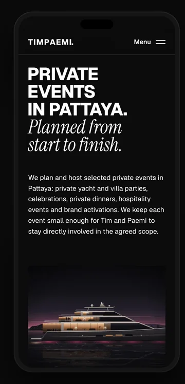 Private events on a phone: “Private events in Pattaya. Planned from start to finish.” above an illustration of a yacht at dusk.